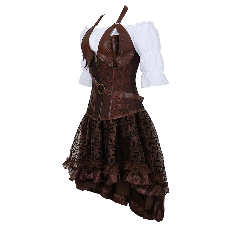 Skup Steampunk gorset gorset plus rozmiar 6XL PU skórzana spódniczka do gorsetu topy 3 sztuka zestaw Gothic burleska pirat 2019 New Arrival 8105 3