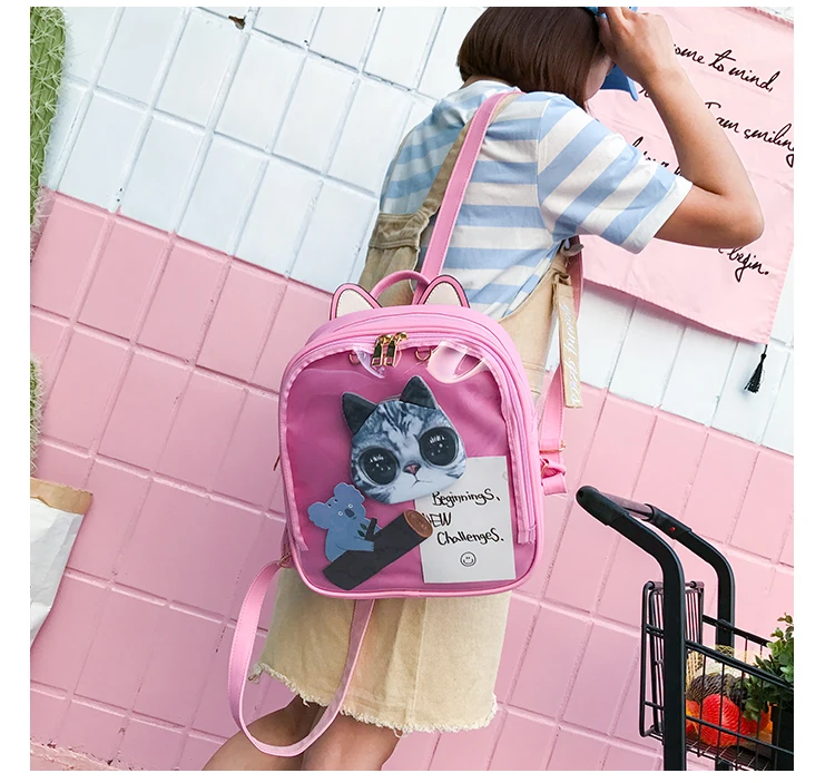 Lovely Cat Ear Leather Backpacks Candy Color Transparent Bag Teenage Girls Travel Bakpack Children Shoulder Bags School Itabag