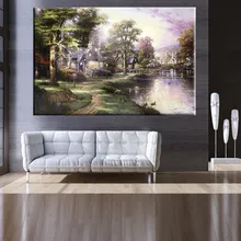 Hometown Lake Thomas Kinkade Art Painting Prints on Canvas for Living Room Decor Wall Art Picture Customed and Wholesale