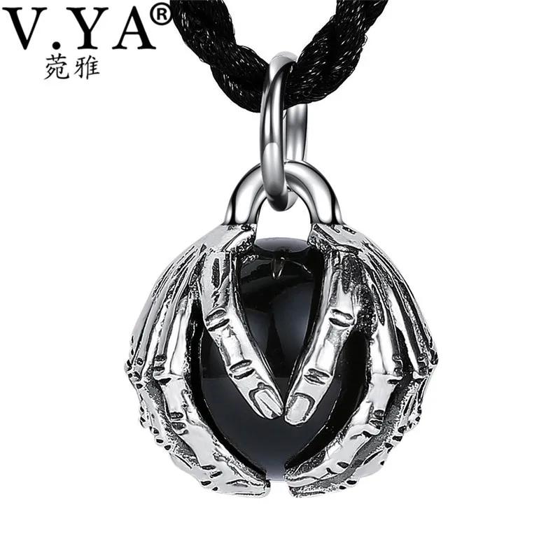 

V.YA Natural Black Stone Silver Pendant Necklace for Men Male Hand & Ball 925 Sterling Silver Pendants Man Jewelry Best Gift