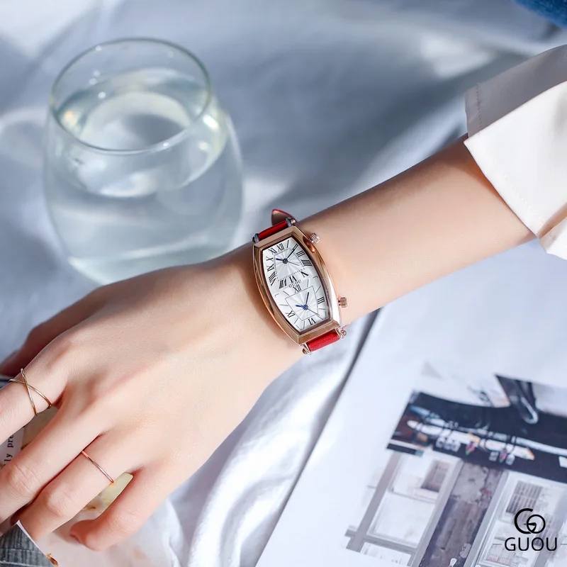 

2019 Female Watch Wine Barrel Irregular Double-core Double-dial Leisure style ladies lether watchband Quartz Watch g8090