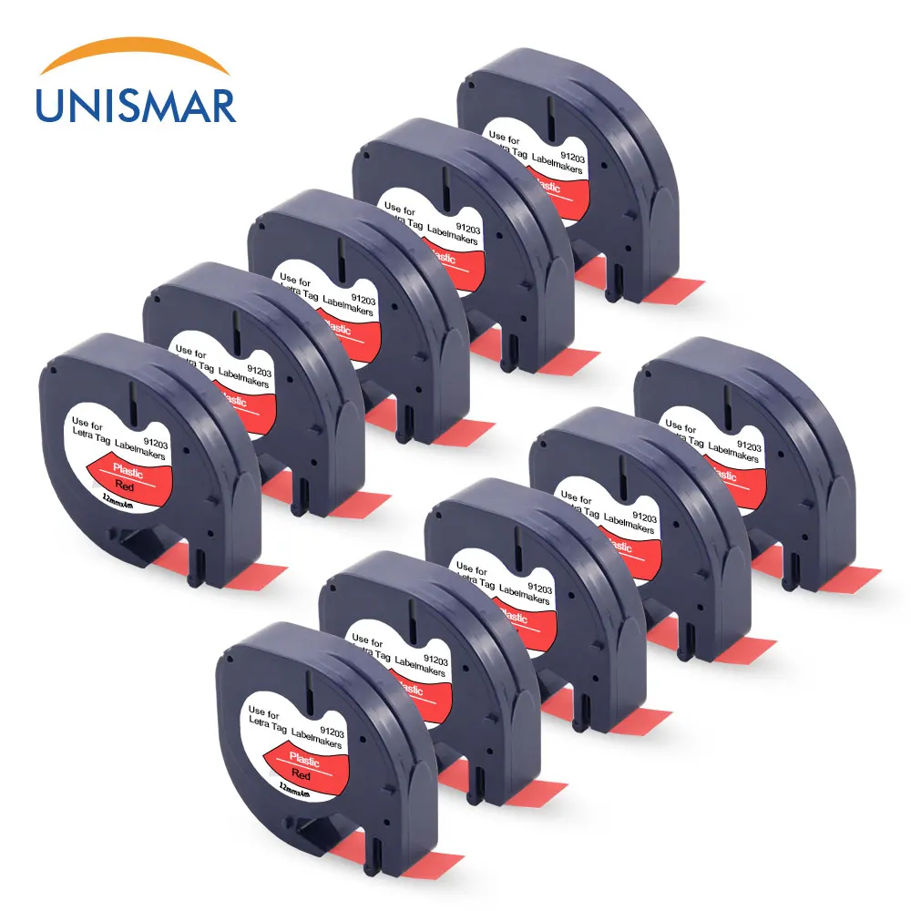 

Unismar 10PCS Label Tape for Dymo Letra Tag 91203 91333 91223 59424 Black on Red Compatible LetraTag LT-100H Typewriter Printers