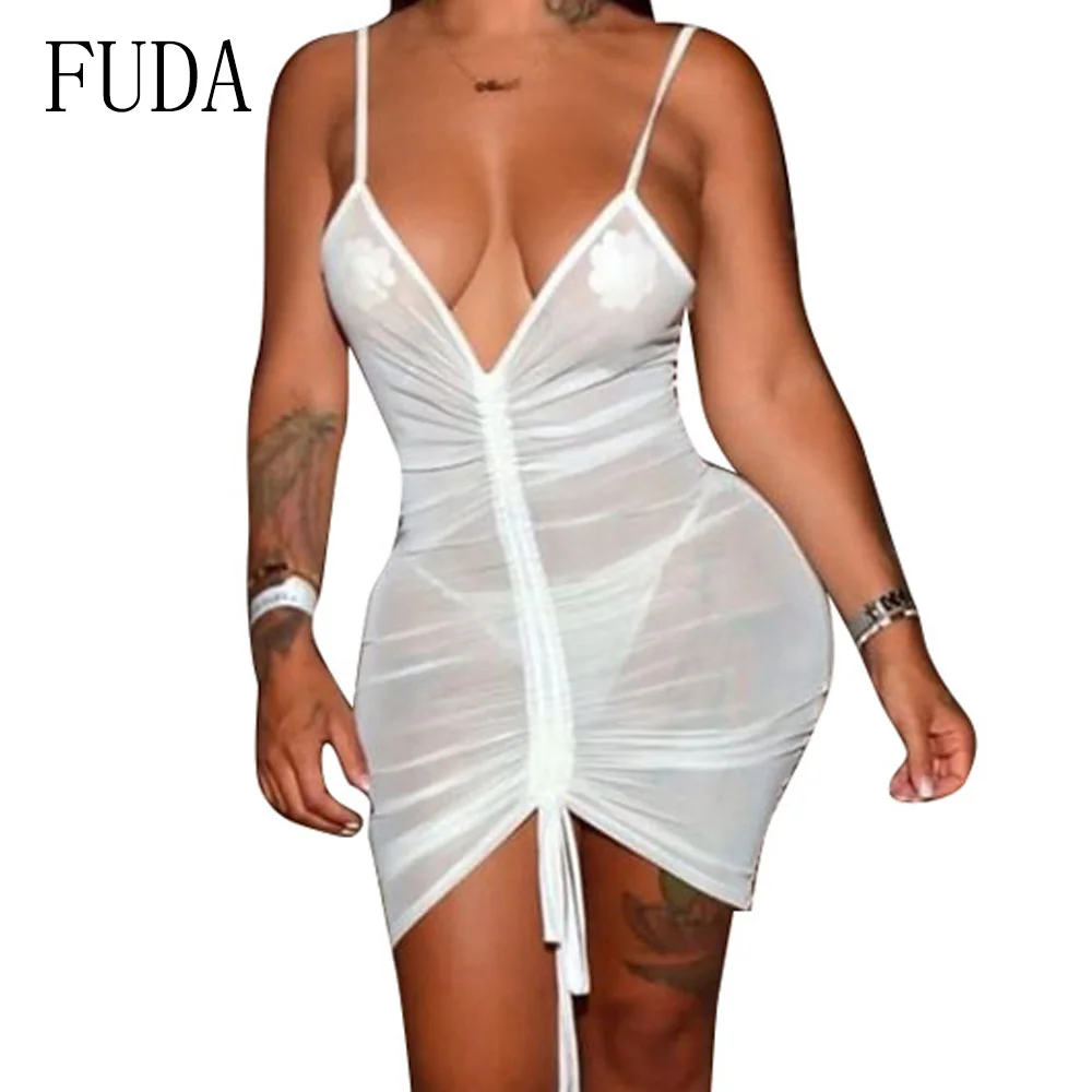 

FUDA Sexy Deep V Neck Spaghetti Strap Transparent Mesh Pleated Dress Women Hollow Out Sleveless Summer Beach Party Vestidos