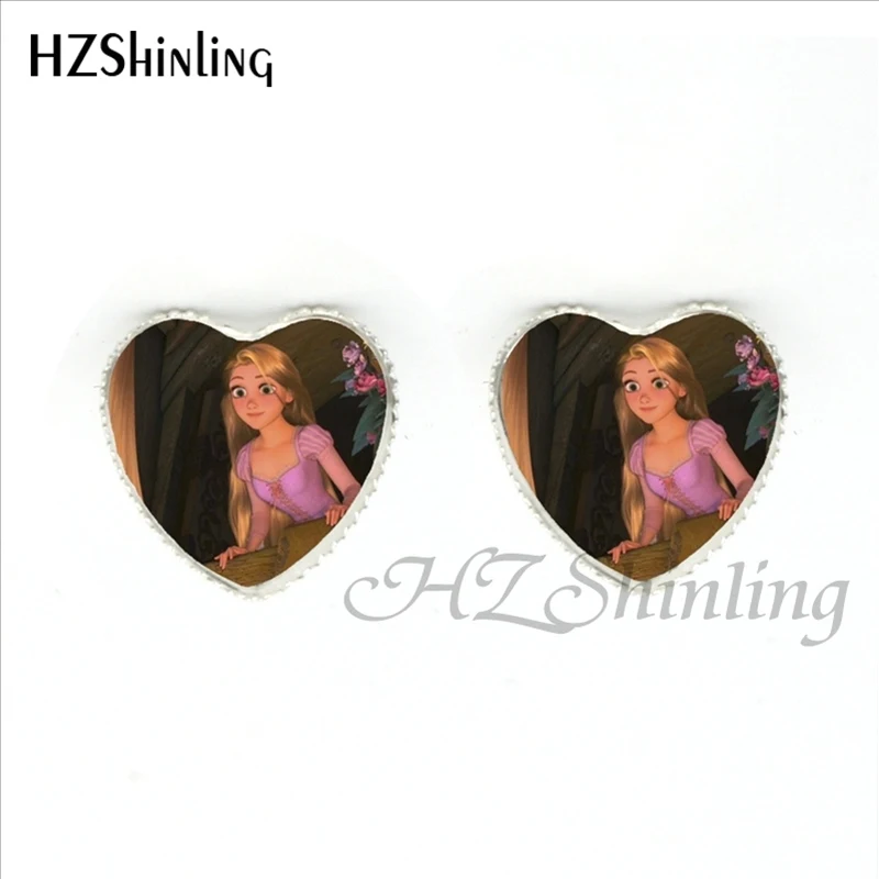HER-0024 Новая мода круглый стеклянный кабошон красивые серьги принцессы Рапунцель стеклянные кабошон сердце серьги-гвоздики для девочек - Окраска металла: 2