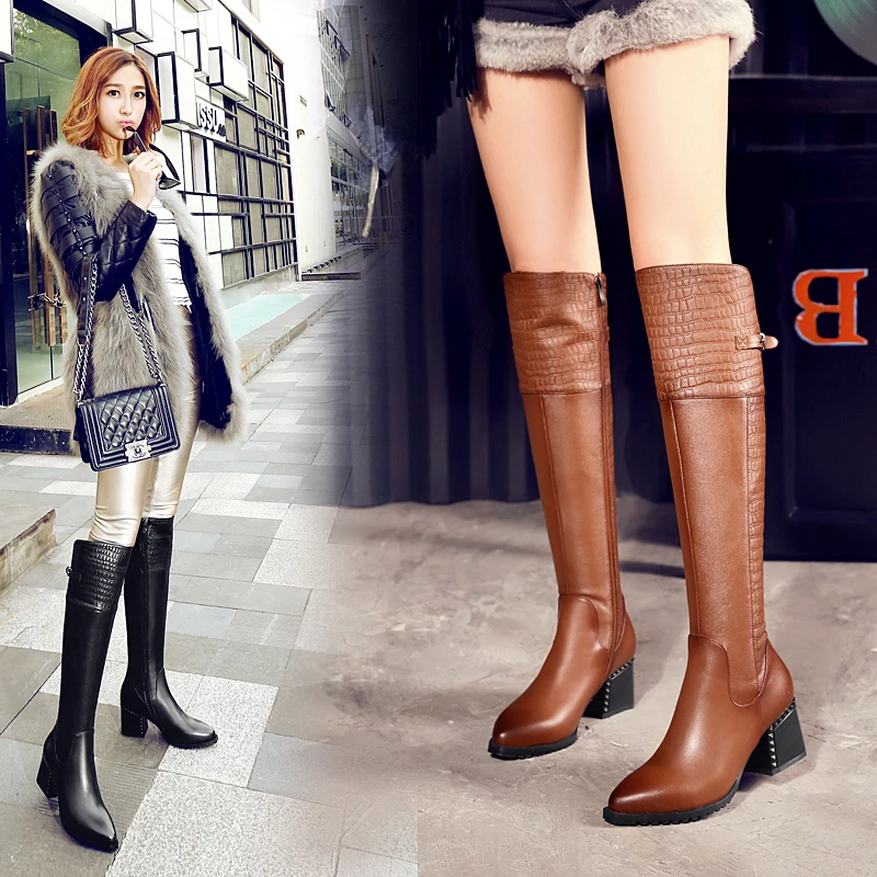 Dilalula; большие размеры 34-42, высокое качество Натуральная кожа Для женщин сапоги до колена женские туфли на высоком каблуке Роскошные осень-зима теплые длинные кожаные сапоги
