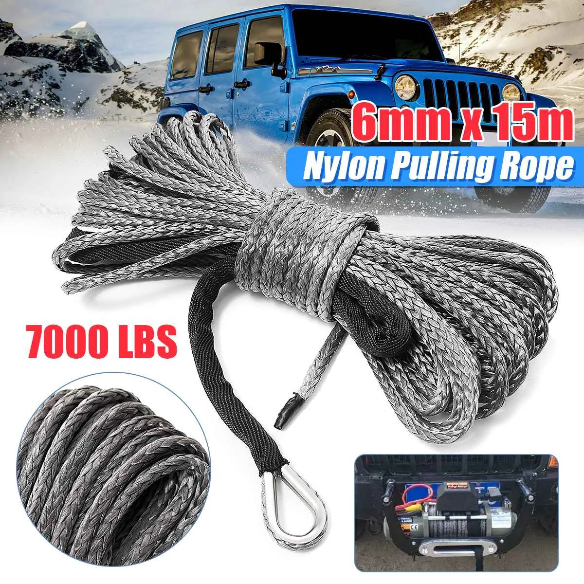 50 feet 1/4'' 7000lb Synthetic Winch Rope Cable Line with Sheath for ATV UTV 