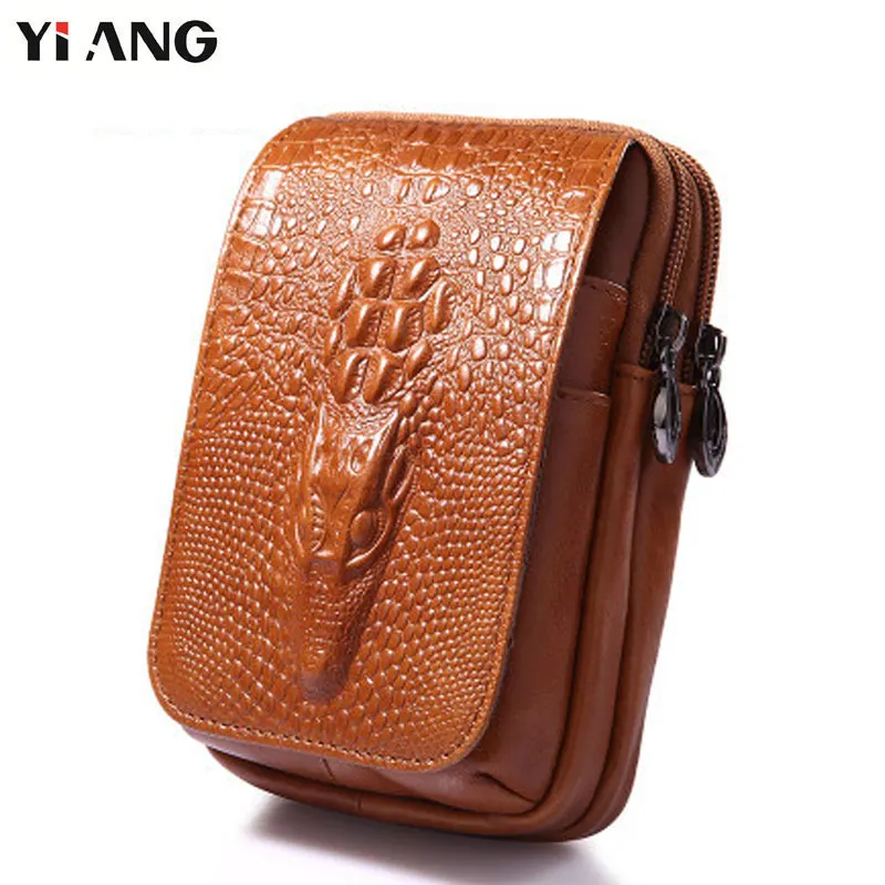 YIANG Classic Leather Belt Pouch Men Genuine Leather Cowhide Mobile Phone Bag Dragon Head Embossed Design Waist Bag 4.7~6.0 inch