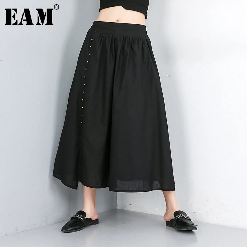 

[EAM] 2019 New Spring Summer High Elastic Waist Black Loose Leisure Nailed Split Joint Half-body Skirt Women Fashion Tide JW561