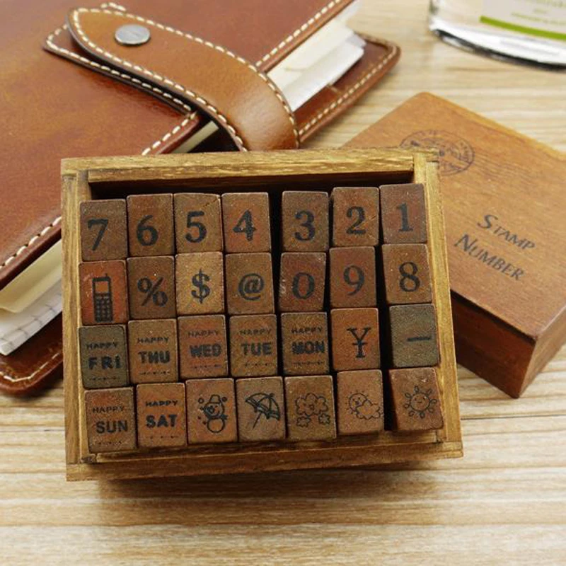 

28 Pcs/pack Vintage Number Weather Week Stamps Set Dairy Stamp Box Hand Writing Stamp Antique Wooden Rubber Stamp Stationery