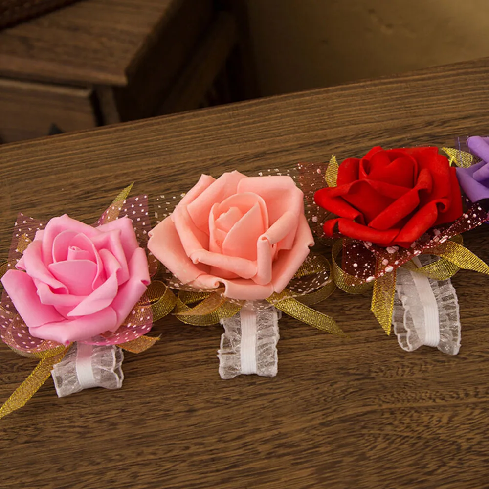 

Hot Sale 4 Colors Flowers For Wedding Decoration Silk Rose Hand Flower Artificial Bride Flowers Bridesmaid Wrist