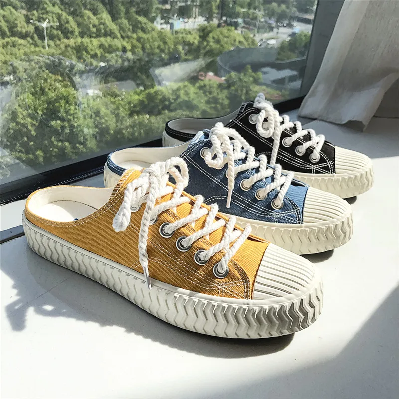 

Trend Summer Young Boy Canvas Shoes Half Drag Walking Shoe Designer Mens Canvas Sneaker Solid Color Canvas Half slippers For Men