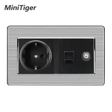 Minitiger настенная розетка стандарта ЕС+ женский ТВ Джек с Интернет компьютерными данными RJ45 CAT5E разъем из нержавеющей стали матовая панель