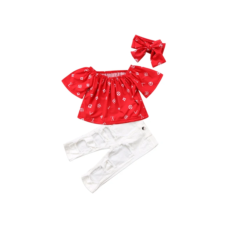 

Xmas Party 3PCS Newborn Infant Baby Girls Short Sleeve O-Neck Off Shoulder Pullover Red Print Shirt Tops White Pants Headband