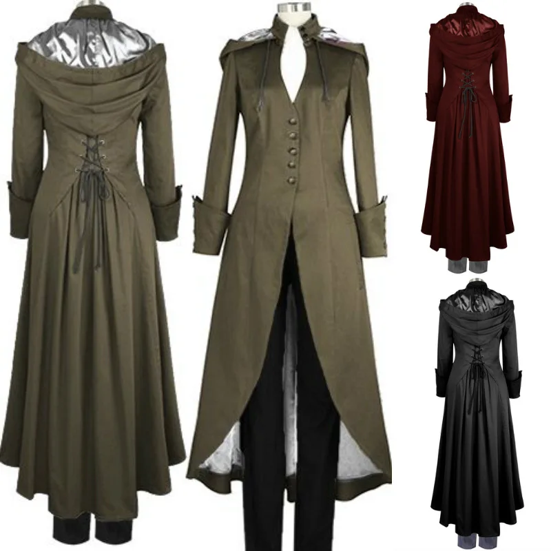 

Autumn Unisex Medieval Coats Steampunk Style Retro Tailcoat Jacket Gothic Victorian Frock Coat Uniform Costume Hooded Long Coat
