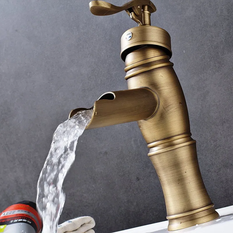 Antique Brass Bathroom Basin Vessel Sink Faucet Single Handle Waterfall Spout Mixer Tap KD305 Antique Brass Bathroom Basin Vessel Sink Faucet Single Handle Waterfall Spout Mixer Tap KD305