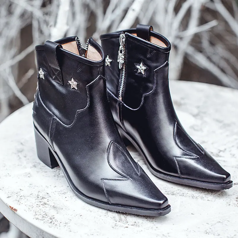 

Women Boots Fashion European Women Shoes Hot Sale Ankle Boots Med Heel Shoes Woman Genuine Lather Ladies Shoes Pointed Toe