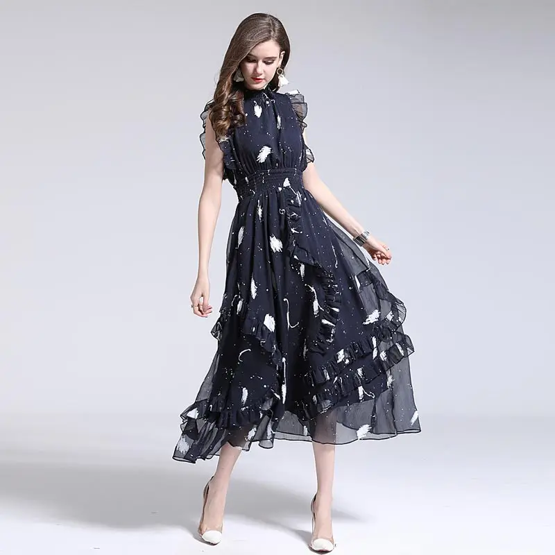 

XF 2018 Spring / Summer High Quality Fashion Designer Runway Print Ladies Sleeveless Vest Elastic Stacked Ruffle Printed Dress