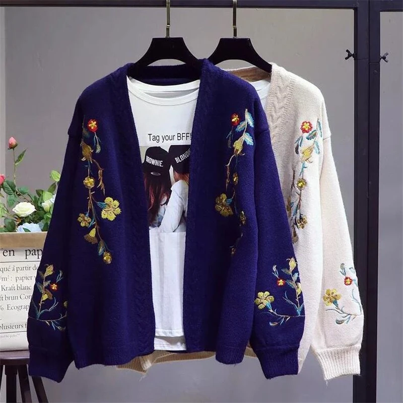 Oversized blue Embroidered Short pink 2018 Shawl Flora Autumn Beige Cardigan With Female V Small Fashion Knit Coats Woman Sweater neck qpwgWUaWR