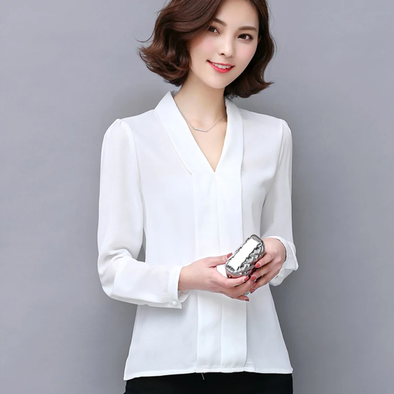 Autumn Korean Style Vogue Women Chiffon Blouses V-Neck Long Sleeve Off White Office Elegant Lady Tops Blusas Femininas Plus Size Blouses