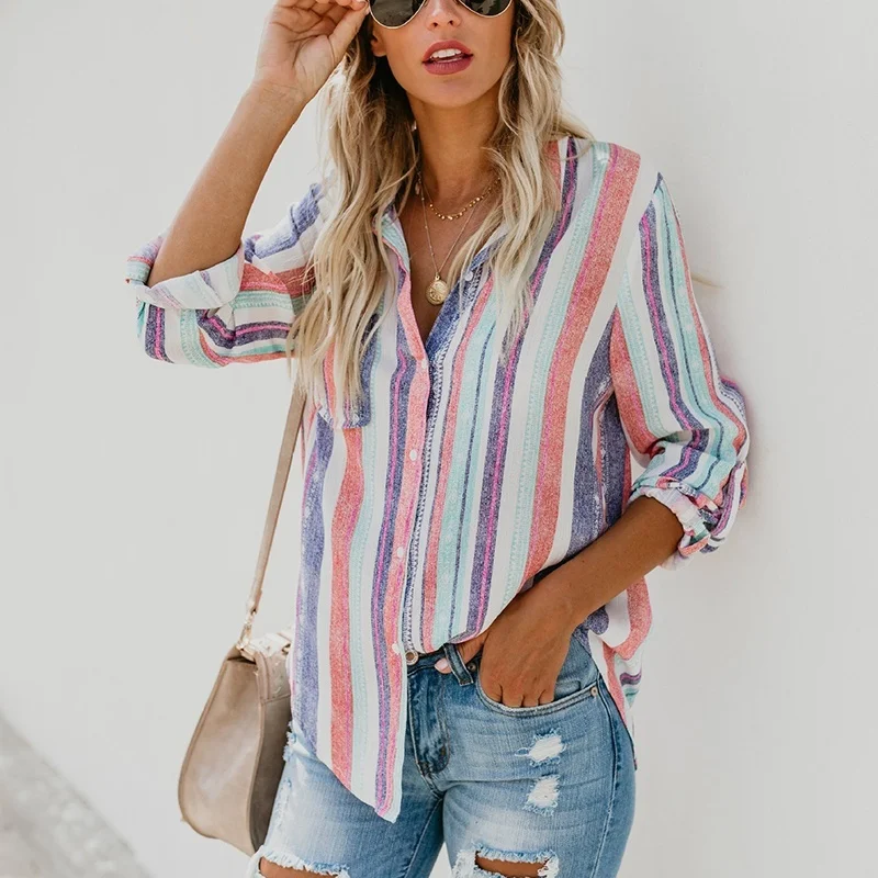 

American Fashion Color Stripes Large Women Blouse Ladies Autumn New European Fashion cute Female Womens Top Shirt