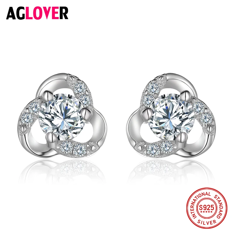 

925 Sterling Silver Earrings Woman Fashion Charm Flowers AAA Crystal Earrings Female Jewelry