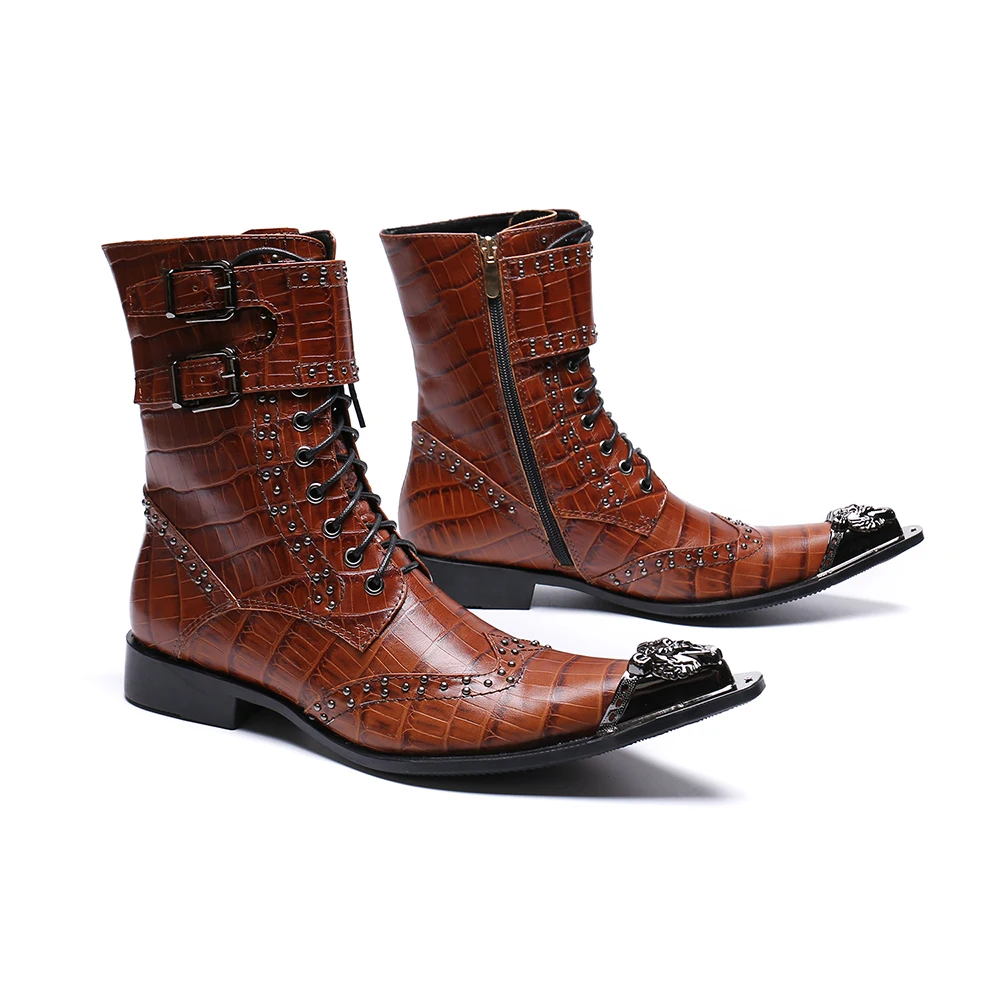 Martin Tamanho Padrão Couro Masculino Homens Rebites Pele Grande Inverno Cowboy Bella Cobra Genuíno De Botas Até Marrom Rendas Christia Outono zwtaqFZ