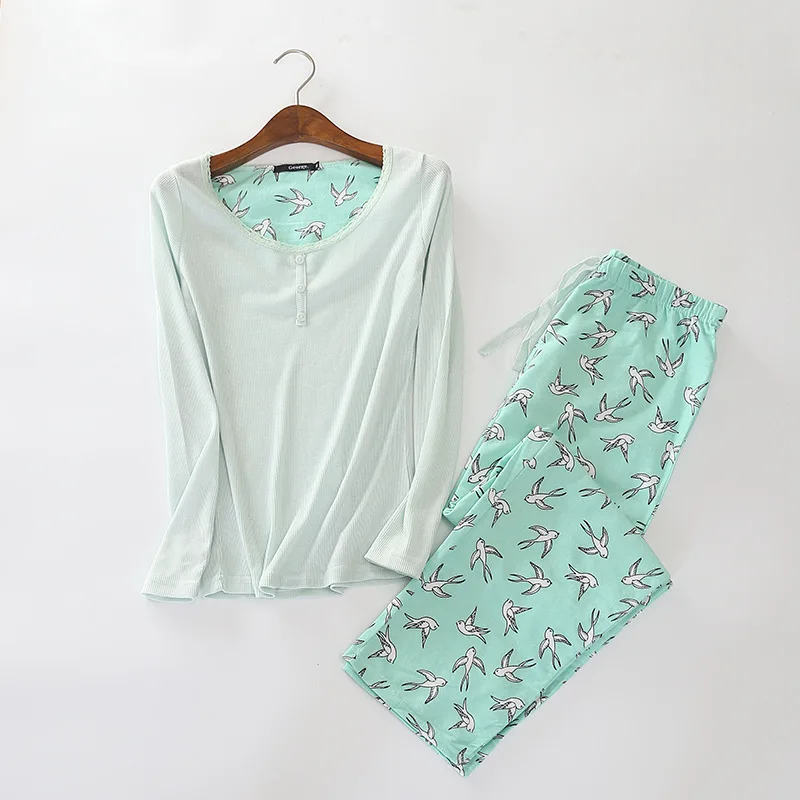 

Women Pajamas Set Knitted Jacket Pure Cotton Trousers Pijamas Autumn Pajama Sets Cartoon Long Sleeve Sleepwear Plus Size Pyjamas