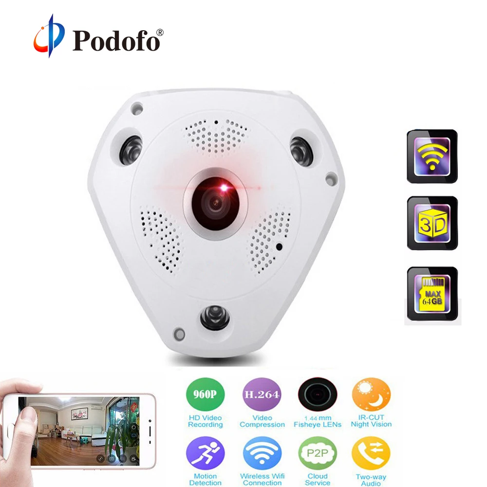 

Podofo 960P Wifi Camera 360 Degree Wireless Panoramic Camera Home Security 3D VR IP Night Vision FishEye Surveillance Camera P2P