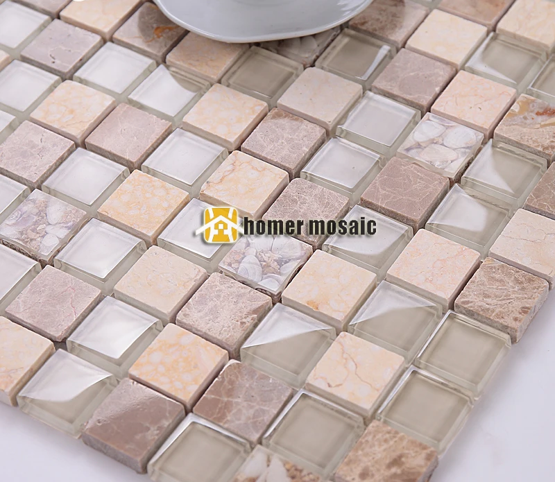 Vierkante clear glas gemengde beige kleur steen marmeren mozaïek ...
