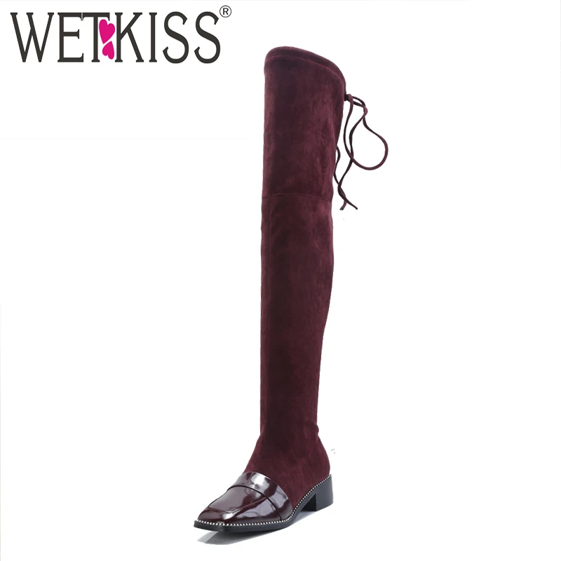 

WETKISS Patent Pu Women Square Toe Cross Tied Footwear Stretch Flock Female Boot Over The Knee Low Heels Shoes Woman 2018 Winter