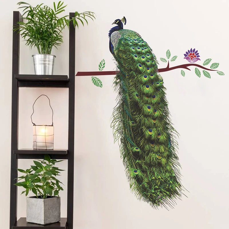 Colourful Animals Peacock On Branch Feathers Wall Stickers 3D Vivid Wall Decals Home Decor Art Decal Poster Animals Home Decor