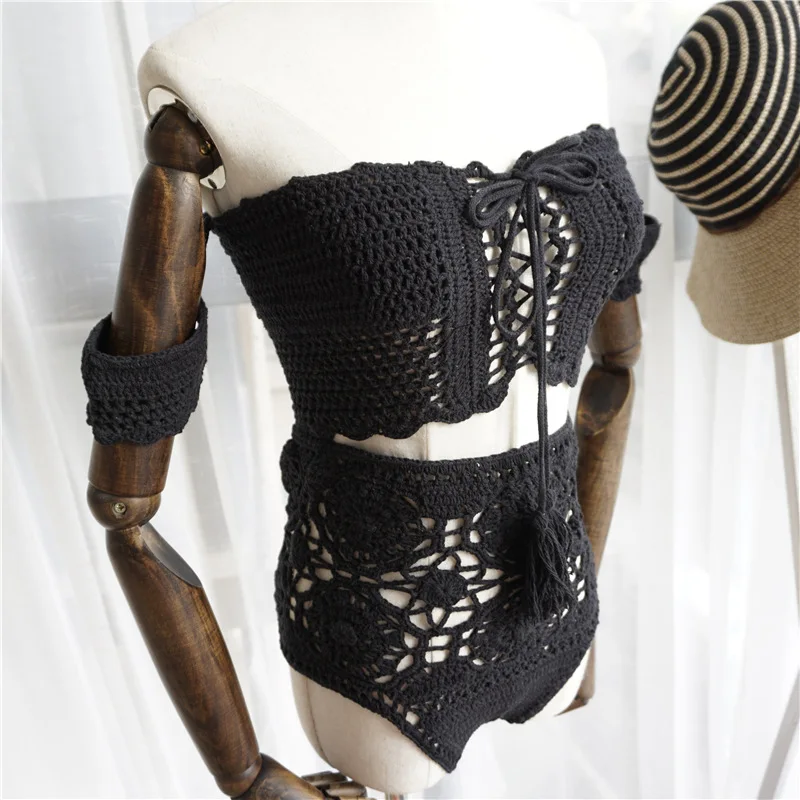 Crochet Off Shoulder High Waisted bikini set White and Black Knit