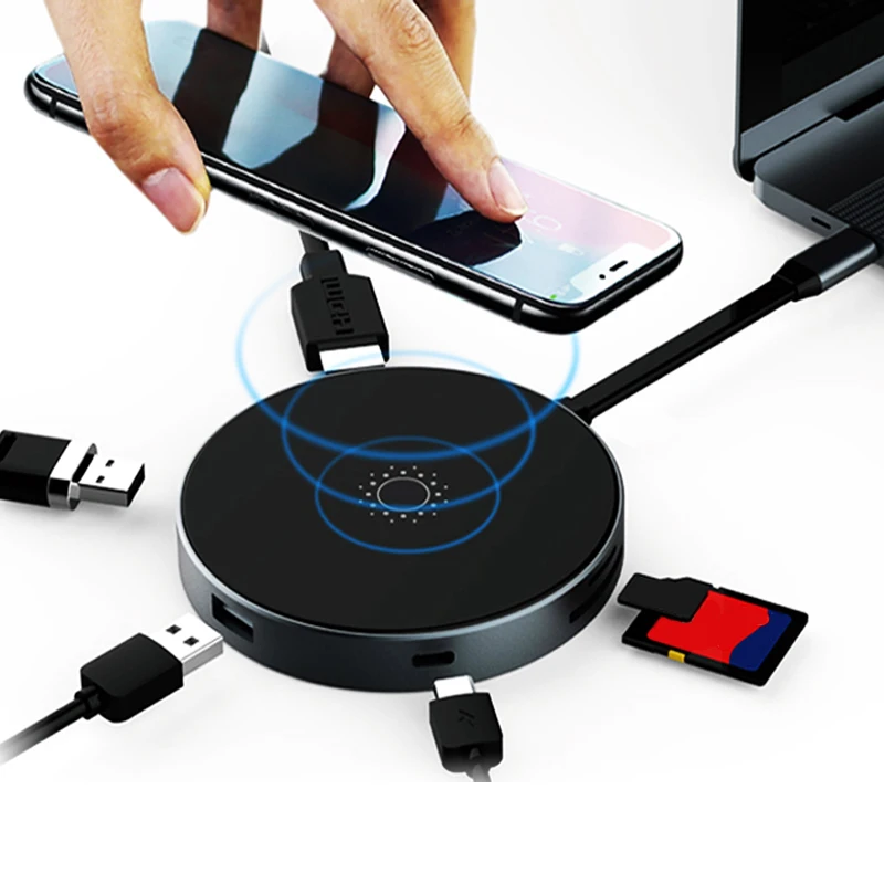 

New Thunderbolt 3 USB-C Hub to QI Wireless Charger 5W HDMI Adapter with Type-c PD/Data USB 3.0 SD/TF Slot for Macbook Pro