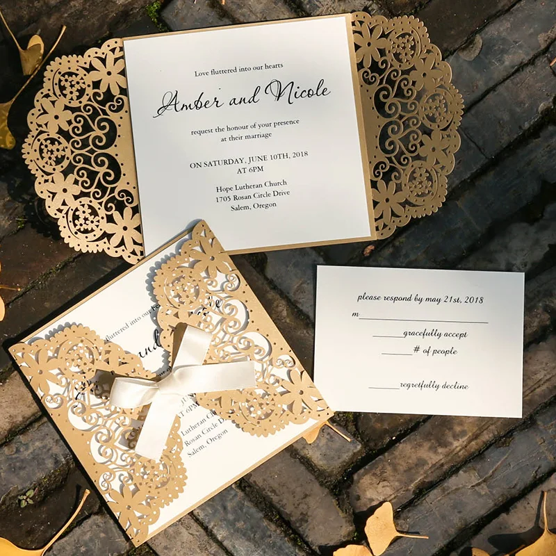 

50 Set Gold Lace Customizes Wedding Invitations Cards With Envelope RSVP Print White Ribbons Greeting Postcard Bow Convites