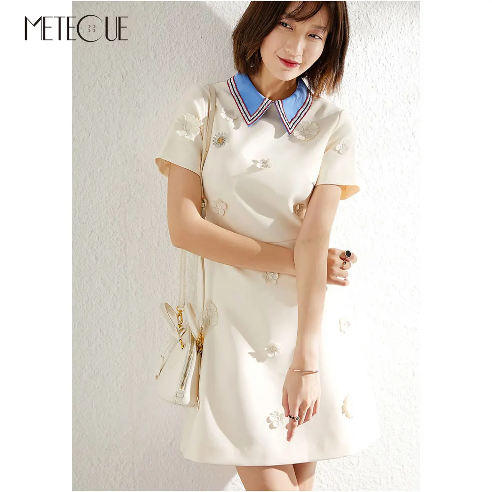 

Flower Applique Mini Dress with Beading Collar 2019 Spring Summer Fashion Short Sleeve A Line Short Dress 2019 Spring Summer