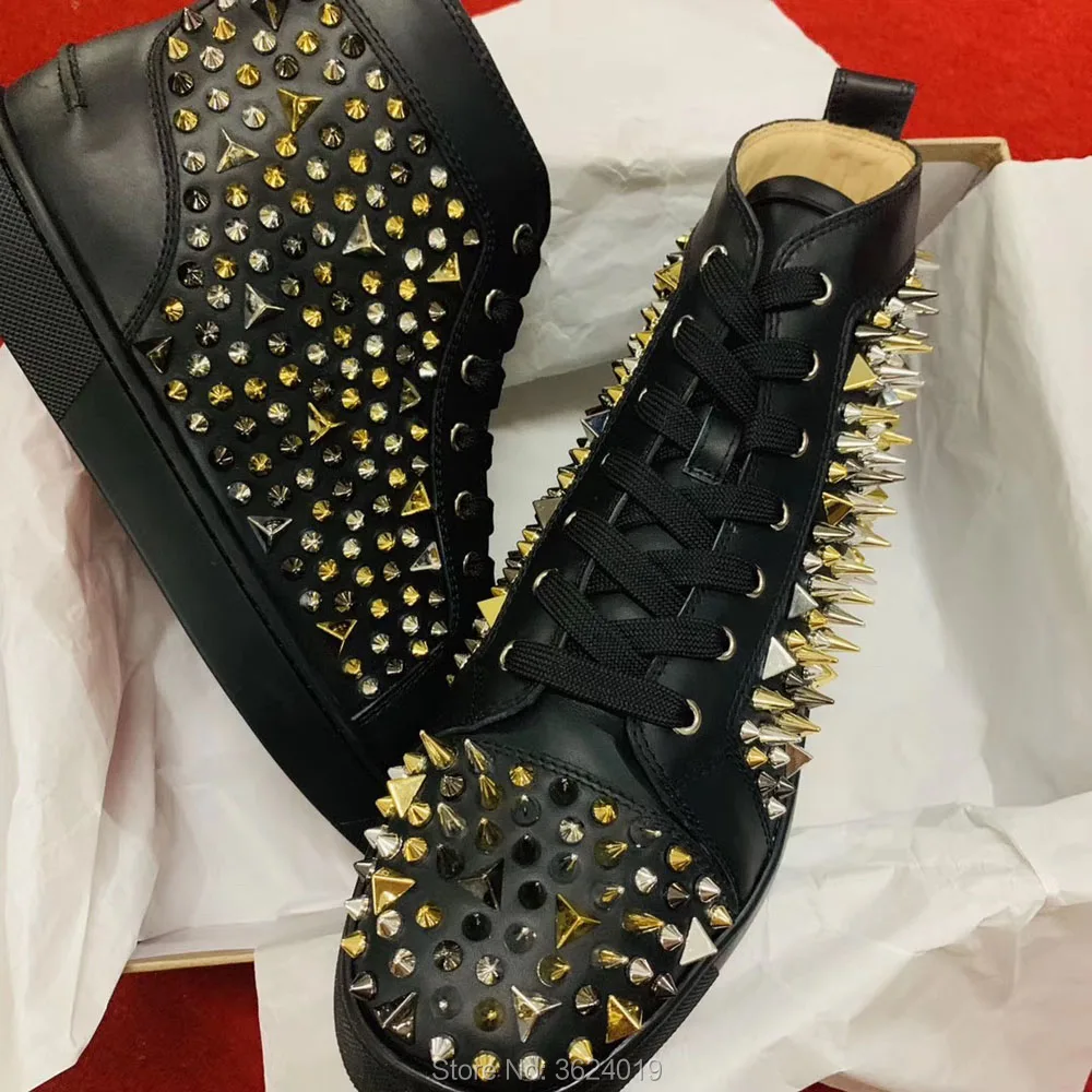 

Outdoor High Cut cl andgz Full black leather Messy Rivet Lace Up Red bottom For Men Sport Shoes Sneakers casual Flat Footwear
