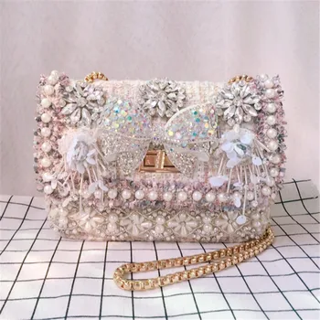 

2019 new summer casual women's bag small fragrance pearl rhinestone gemstone shoulder bag chain small square bag
