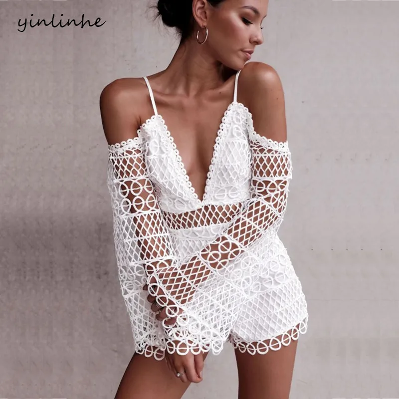 

yinlinhe White Lace Playsuit Summer Long Sleeve Hollow Out Sexy Short Jumpsuit Women Rompers ladies off shoulder overalls 371