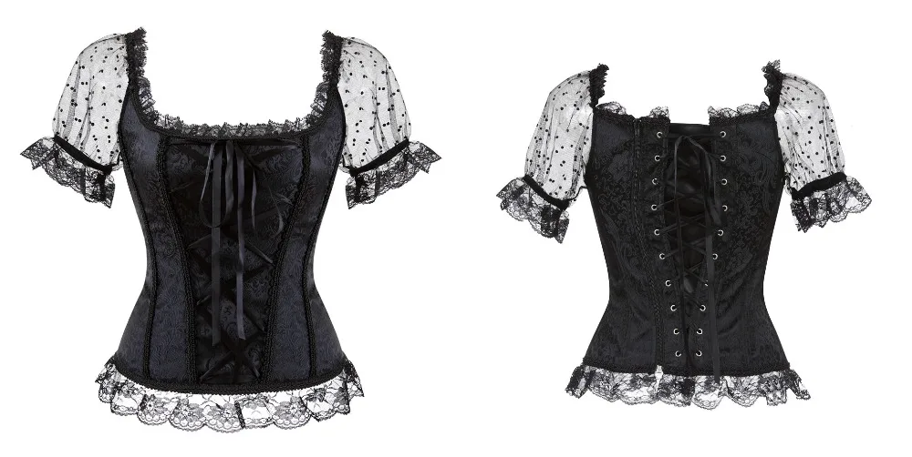 Женский корсет в стиле ренессанс прозрачный короткий рукав с открытыми плечами на шнуровке винтажные повседневные рубашки черный готический панк топы