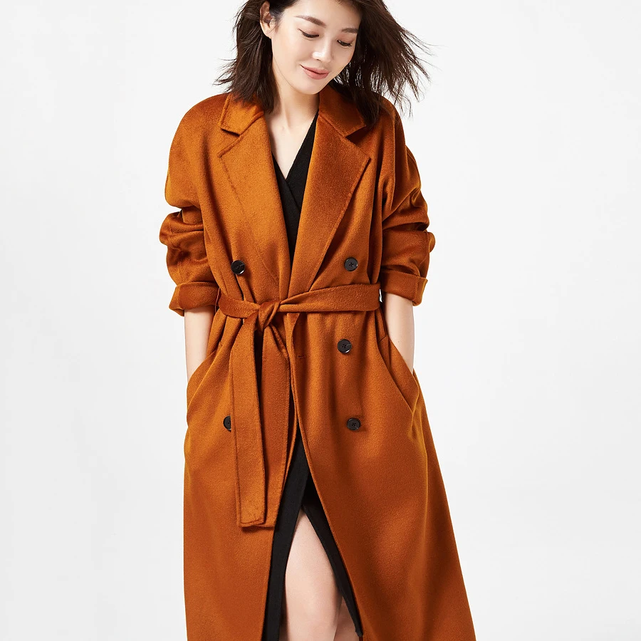 Кашемировый шерстяной Тренч, зимнее женское Брендовое пальто, однотонное, с поясом, с отложным воротником, двубортное, двухстороннее кашемировое пальто