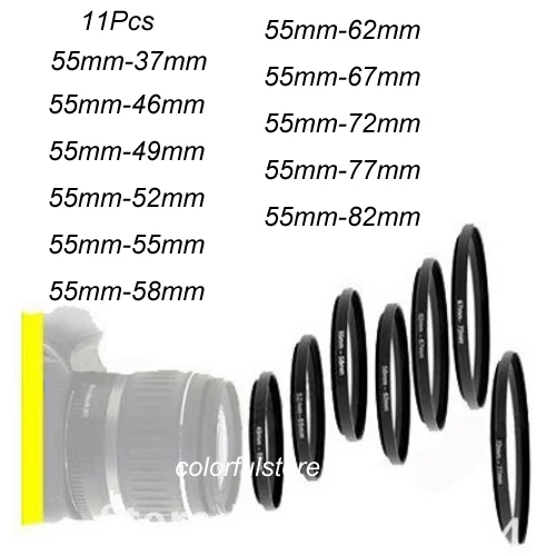 11x55 мм до 37 46mm 49mm 52mm 58mm 62mm 67mm 72mm 77mm 82mm 55 46 52 58 77 82 металлическое переходное кольцо для