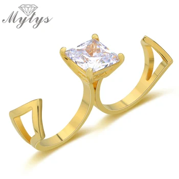 

Mytys Fashion Design Unique Free Size Open Cuff Two Finger Ring Square Prong Setting Crystal Rings For Women R1063