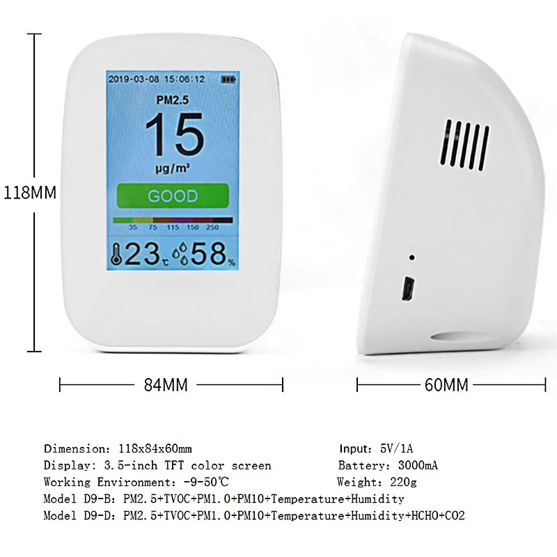 Цифровой CO2 Монитор качества воздуха PM1.0 PM2.5 PM10 HCHO детектор tvoc Температура Влажность PM 2,5 анализатор газа метр сенсор