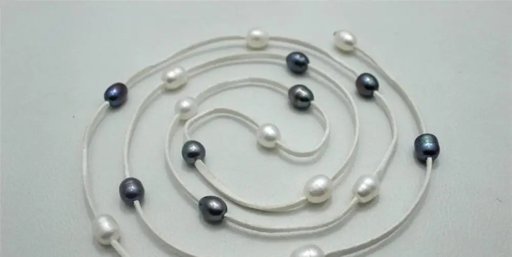 

White Leather long necklace Freshwater pearl"Handmade"No Metal Strand/String48" a(5.18)