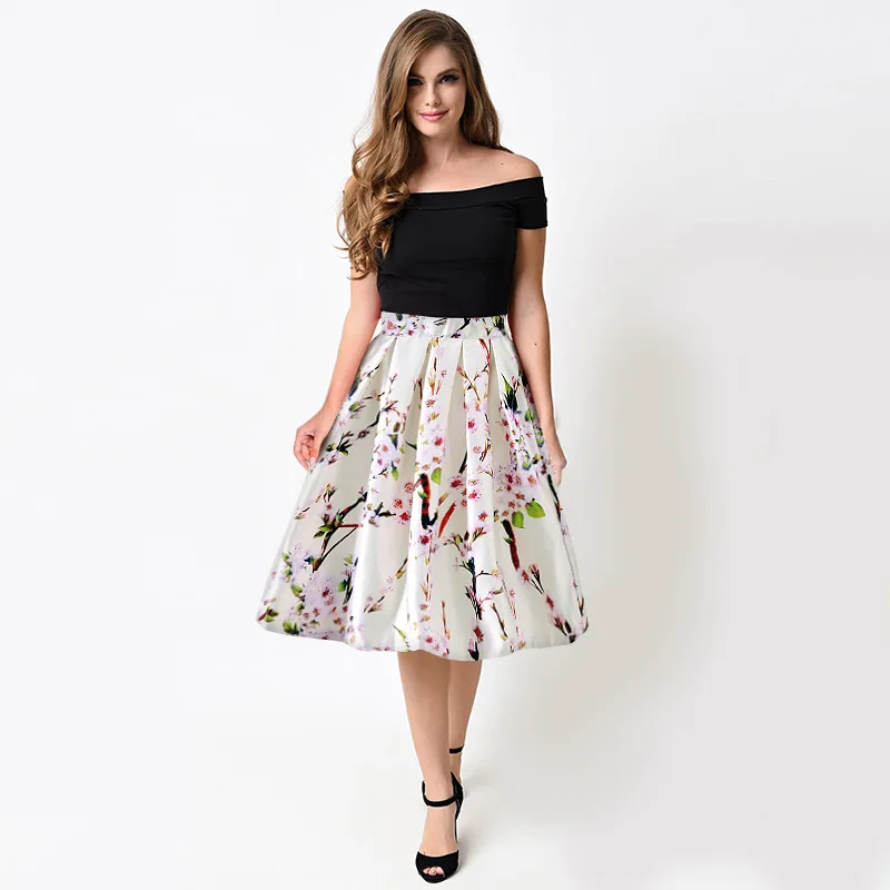 Women's Fashion Casual Floral Print Swing A Line Skirt Spring Summer ...