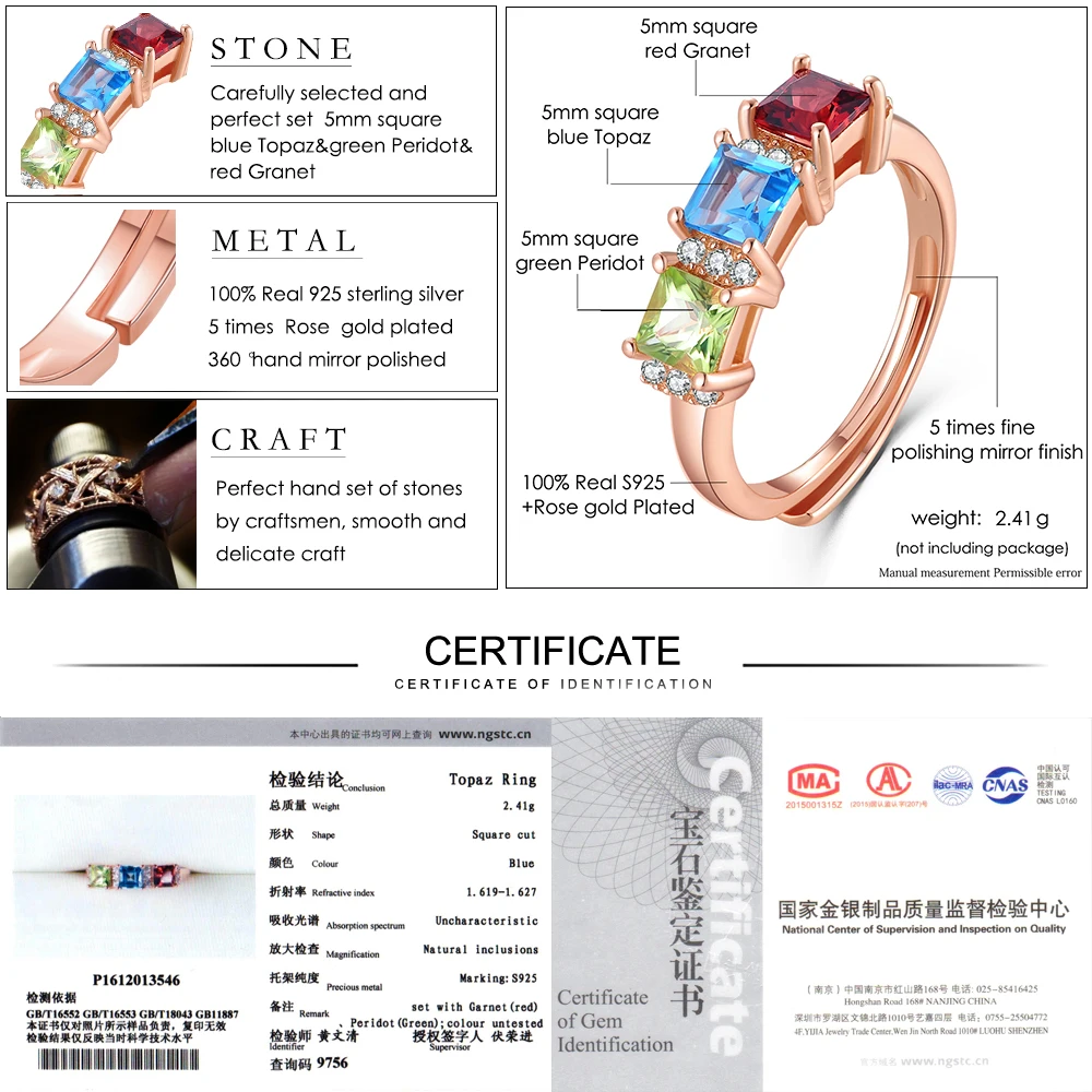 LAMOON 1.5ct 5 мм квадратный Красный Гранат Зеленый Перидот Голубой топаз 925 пробы-серебро-ювелирные изделия обручальное кольцо для женщин LMRI010