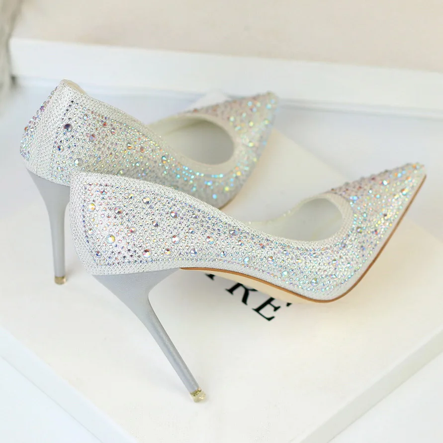 Женские блестящие туфли-лодочки на высоком каблуке 10 см с кристаллами; элегантная женская обувь серебристого цвета; Свадебная обувь золотистого цвета; обувь розового цвета - Цвет: Белый