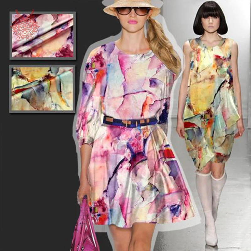 

American style abstract inkjet print spandex silk fabric for dress stretch silk fabric for sewing cloth 19mm Free ship SP2911