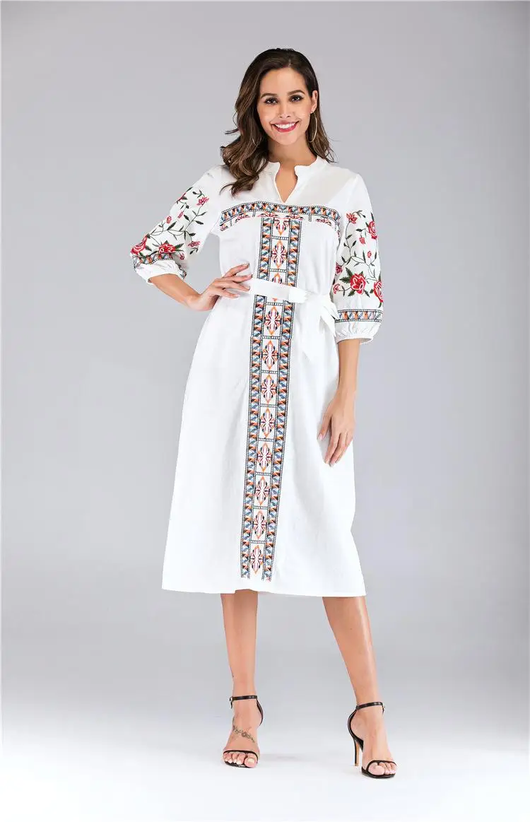 Хиппи, женское этническое платье с вышивкой, цыганское летнее платье в богемном стиле, платья с поясом в украинском стиле, винтажное платье с коротким рукавом - Цвет: Белый