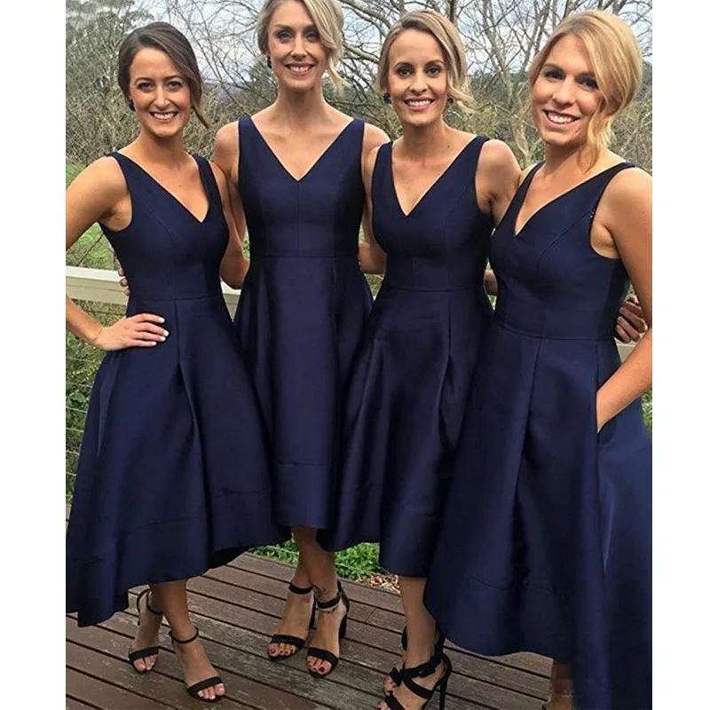 Новые платья для подружки невесты синие v-образный вырез пятно элегантное платье в морском стиле голубое платье для подружки невесты Высокая Низкая Свадебная вечеринка платье